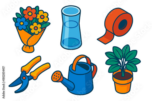Florist Tools Icons. Isometric vector illustration set Florist Tools: flower bouquet, glass vase, satin ribbon, garden shears,