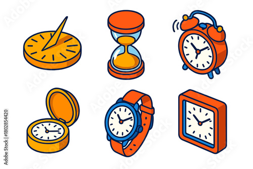 Vibrant Timekeeping Icons. Isometric vector illustration set Horology Icons: sundial shadow, sand-filled hourglass, ringing alarm