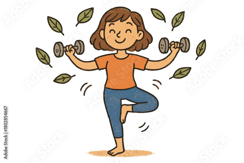 Playful Balance Pose. Playful balance pose with tiny smiling weights and floating doodle leaves around