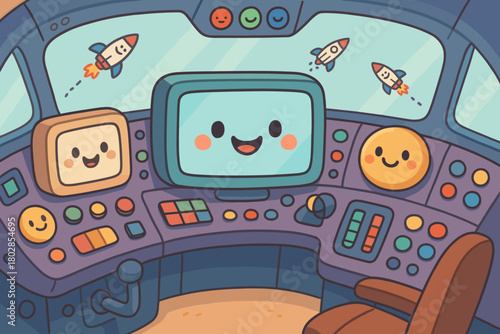 Cheerful Cockpit Simulator. Adorable simulator cockpit with grinning screens and buttons, tiny doodle rockets flying nearby