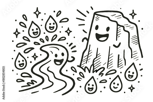 Joyful River Conversation. Playful doodle vector scene of a river and cliff chatting joyfully while happy droplets and doodle