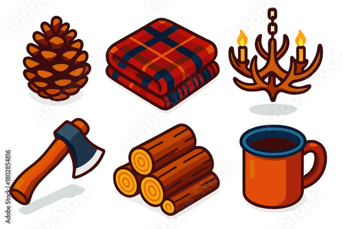 Cozy Cabin Essentials. Isometric vector illustration set Cabin Core: Pinecone, Plaid Blanket, Antler Chandelier, Axe, Woodpile,