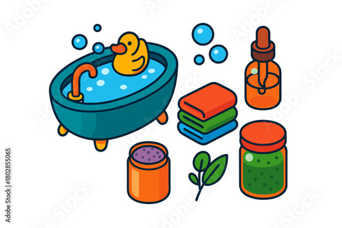 Spa Bathhouse Icons. Isometric vector illustration set Spa Bathhouse: oval bathtub, rubber duck, rising bubbles, towel stack,