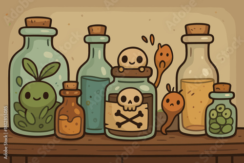 Quirky Apothecary Shelf. Cartoon apothecary shelf lined with jars, bottles, and tiny doodle creatures peeking out
