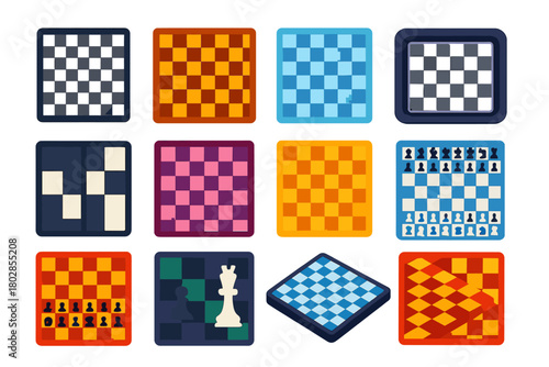 Colorful Chessboard Icons. Flat vector icons of chessboards: standard 8x8 board, wooden chessboard, glass chessboard, travel
