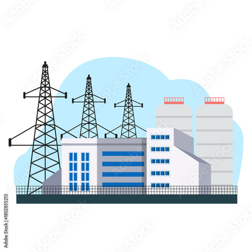 Industrial power station with electricity pylons and large storage tanks, flat style on white and blue background. Concept of energy production. Vector illustration