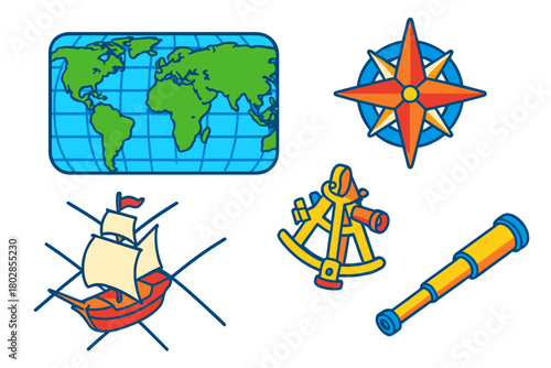 Bright Nautical Icons. Isometric vector illustration set Mercator Projection: World Map, Compass Rose, Ship, Rhumb Line, Sextant,