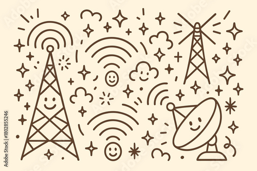 Smiling Telecom World. Joyful doodle vector artwork of a telecommunications world where towers, dishes, waves, and signals all