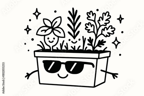 Cool Planter Vibes. Funny doodle vector composition of a planter box wearing sunglasses, chilling with smiling herbs under doodle