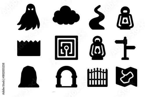 Mystery Labyrinth Icons. Solid style icons of Mystery Labyrinth: Shadow, Fog, Path, Hedge, Center, Lantern, Stone, Arch, Gate,