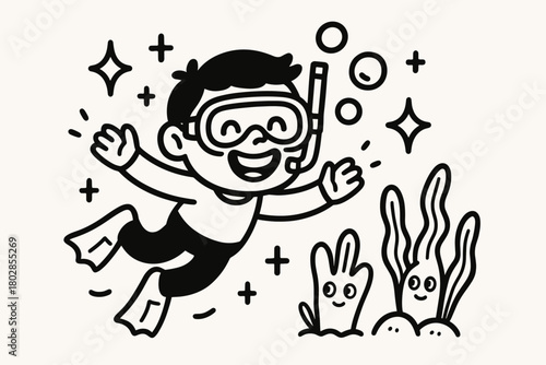 Cheerful Diver Adventure. Cute doodle vector artwork of a cheerful diver with a big grin, swimming among doodle sparkles, happy