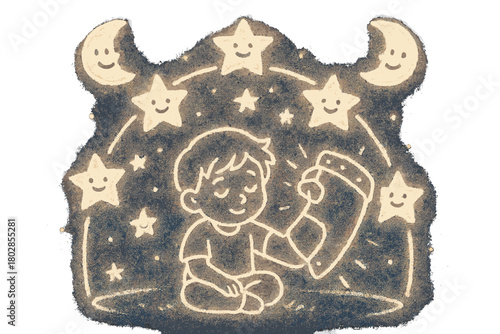 Magical Protective Vambrace. A doodle of a glowing vambrace protecting a child, with smiling stars forming a shield dome around