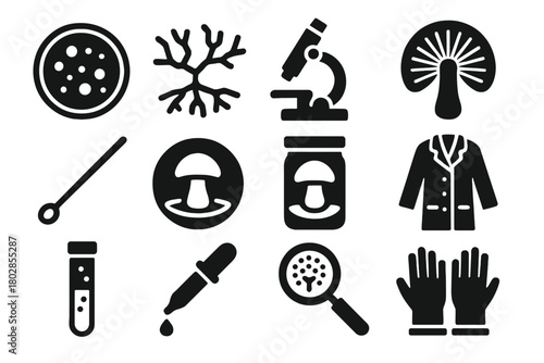 Scientific Mycology Icons. Solid style icons of Scientific Mycology: Petri Dish, Mycelium, Microscope, Spore Print, Inoculation