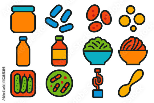 Probiotic Food Icons. Flat vector icons of Probiotic Foods: jar, bacteria, yeast, bubbles, kefir, kombucha, sauerkraut, kimchi,