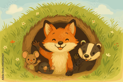 Cheerful Fox Den. Friendly fox den with a cheerful entrance, little critters peeking out and waving
