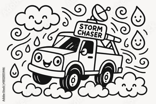Joyful Storm Chaser. Cute doodle vector artwork of a cheerful storm-chasing truck with big smiling headlights, rolling through