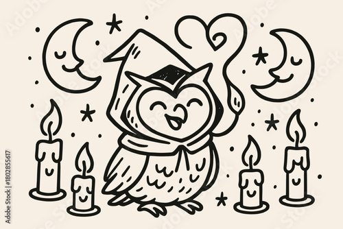 Jolly Scholarly Owl. A doodle illustration of a jolly owl in a scholar’s hood, its liripipe curling into a heart shape while