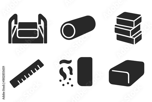 Soap Cutting Icons. Solid style icons of Soap Cutting: Wooden Cutter, Fresh Log, Cutting Wire, Uniform Bars, Ruler, Soap Shavings,