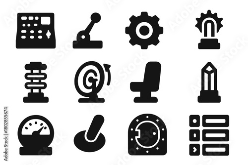 Solid Time Machine Icons. Solid style icons of time machines: control panel, lever, gear wheel, glowing core, energy coil,