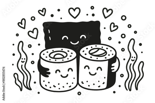 Nori Hugging Sushi Delight. Charming doodle vector composition of a friendly nori sheet hugging sushi rolls, surrounded by doodle