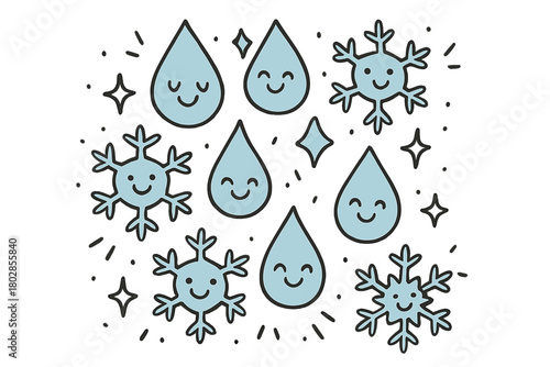 Joyful Raindrops and Snowflakes. Adorable doodle vector design of happy precipitation as smiling raindrops and snowflakes falling