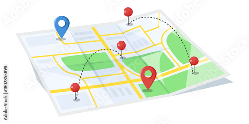 Folded map with red and blue location pins, dotted route lines, and green park areas on white background. Concept of navigation and travel. Vector illustration