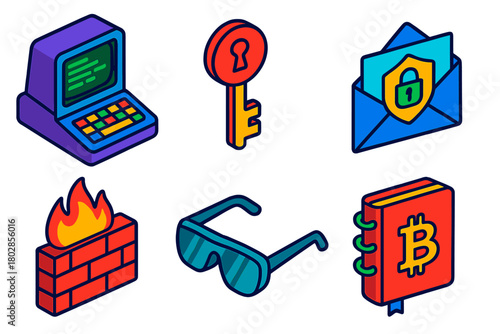 Cypherpunk Icon Set. Isometric vector illustration set Cypherpunk: Computer Terminal, Public Key, Encrypted Envelope, Firewall,