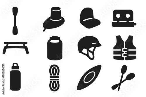Kayak Accessories Icons. Solid style icons of Kayak Accessories: Paddle, Spray Skirt, Seat, Footrest, Roof Rack, Dry Bag, Helmet,