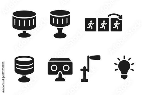 Early Animation Devices. Solid style icons of Early Animation Devices: Slitted Drum, Zoetrope, Sequential Images, Spin, Cylinder,