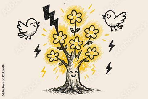 Magical Lightning Tree. A doodle of a happy tree struck by lightning, instead of burning it sprouts glowing flowers, with smiling