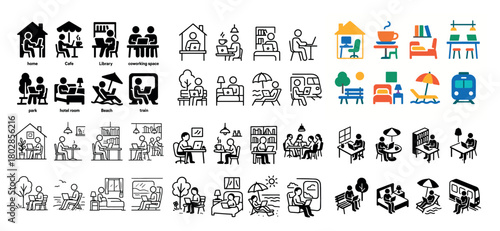 Diverse settings of work and leisure icons