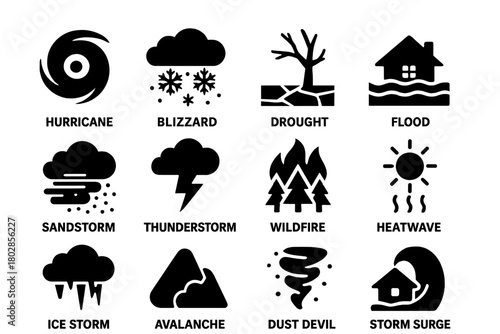 Extreme Weather Icons. Solid style icons of extreme weather: hurricane, blizzard, drought, flood, sandstorm, thunderstorm,