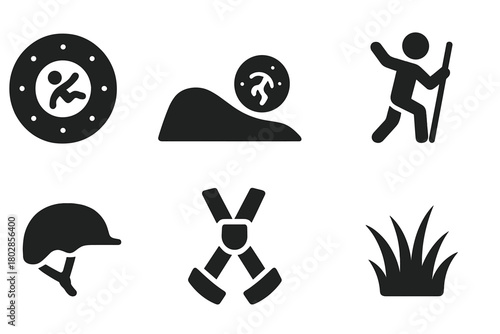 Gravity Adventure Icons. Solid style icons of Gravity-Powered Recreation: Zorbing Ball, Hill, Momentum, Adventure, Helmet, Harness