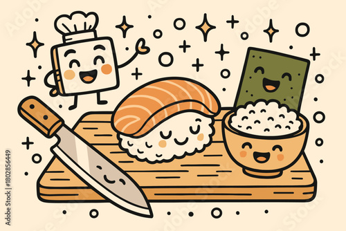 Smiling Sushi Station. Joyful doodle vector artwork of a sushi chef’s workstation with knife, fish, rice, and nori all smiling