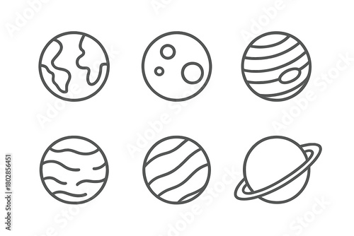 Planet Line Icons. Line style icons of planets: Earth, Mars, Jupiter, Saturn, Neptune, Venus. No text, No labels, isolated