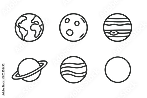 Planet Line Icons. Line style icons of planets: Earth, Mars, Jupiter, Saturn, Neptune, Venus. No text, No labels, isolated