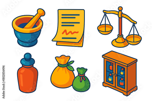 Vintage Pharmacy Icons. Isometric vector illustration set Vintage Pharmacy: Mortar and Pestle, Prescription, Scales, Apothecary