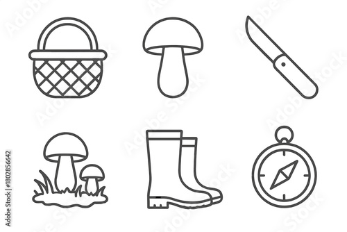 Mushroom Foraging Essentials. Line style icons of mushroom foraging basics: basket, mushroom, knife, forest floor, boots, compass.