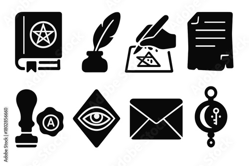 Occult Journaling Icons. Solid style icons of Occult Journaling: Leather Tome, Feather Quill, Sigil Drawing, Parchment Sheet, Wax