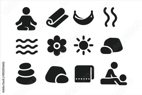 Relaxation Icons Set. Solid style icons of Relaxing Activities: Meditation, Yoga Mat, Hammock, Steam, Water, Flower, Sun, Pebble,