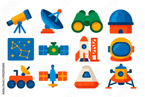 Modern Astronomy Icons. Flat vector icons of astronomy equipment: telescope on tripod, radio telescope dish, binoculars for