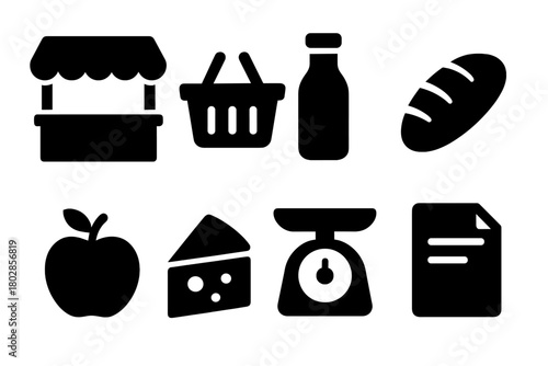 Local Grocer Icons. Solid style icons of Local Grocer: Market Stall, Basket, Bottle, Bread, Apple, Cheese, Scale, Note, No text,