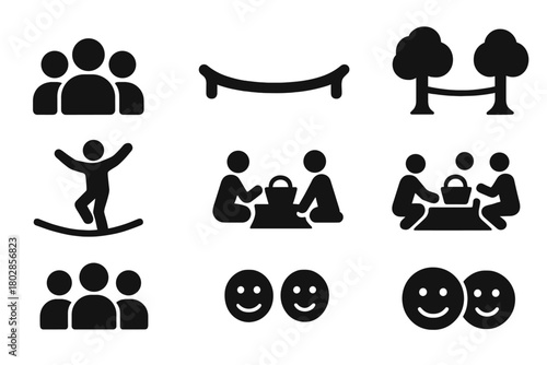 Slackline Community Icons. Solid style icons of Slackline Community: Group, Rope, Park, Trees, Pose, Picnic, Audience, Smiling