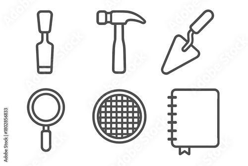 Excavation Tools Icons. Line style icons of excavation tools: chisel, hammer, trowel, magnifying glass, sieve, field notebook. No