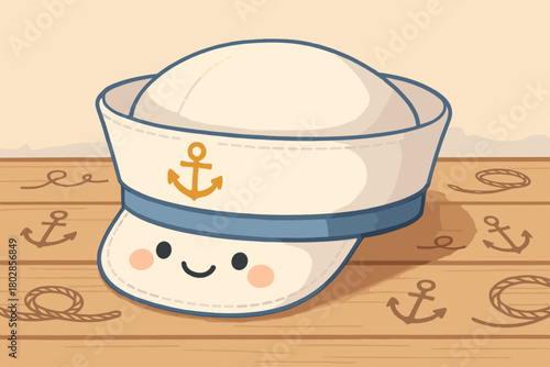 Adorable Sailor Cap. Adorable sailor cap with a happy face, resting on a deck with tiny doodle ropes and anchors