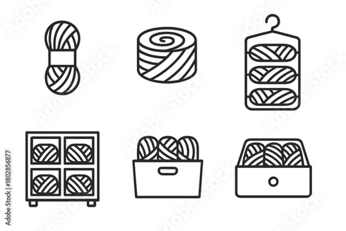 Yarn Storage Icons. Line style icons of yarn storage: yarn skein, yarn cake, hanging organizer, shelf with yarn, storage box, yarn