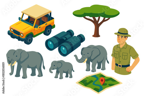 Safari Adventure Icons. Isometric vector illustration set Safari Tour: jeep with spare tire, powerful binoculars, spreading acacia