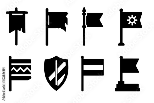 Historic Flags Icons. Solid style icons of Historic Flags: Ancient Banner, Torn Cloth, Battlefield Pole, Sun Emblem, Tribal