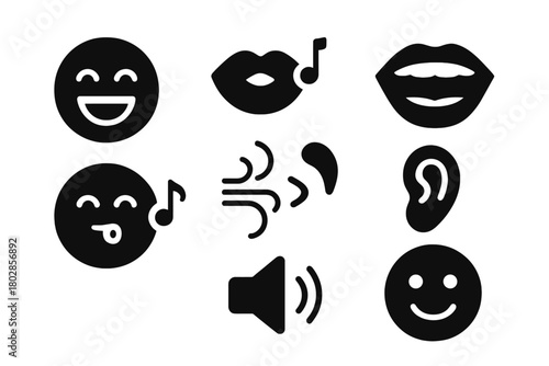 Human Expression Icons. Solid style icons of Human Expression: Laughing Face, Whistling Lips, Talking Mouth, Singing Voice, Breath