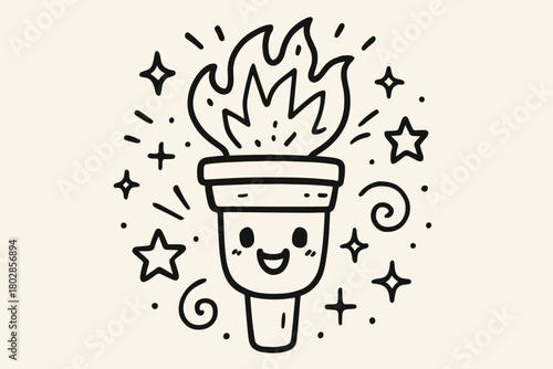 Smiling Torch Doodle. Adorable doodle vector design of a friendly torch with a big smile, shooting out doodle flames and